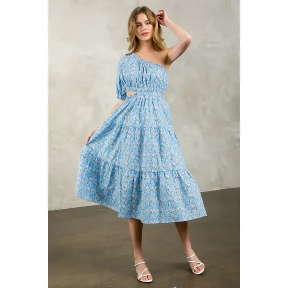 THML Caley One Shoulder Floral Tiered Midi Dress NWT